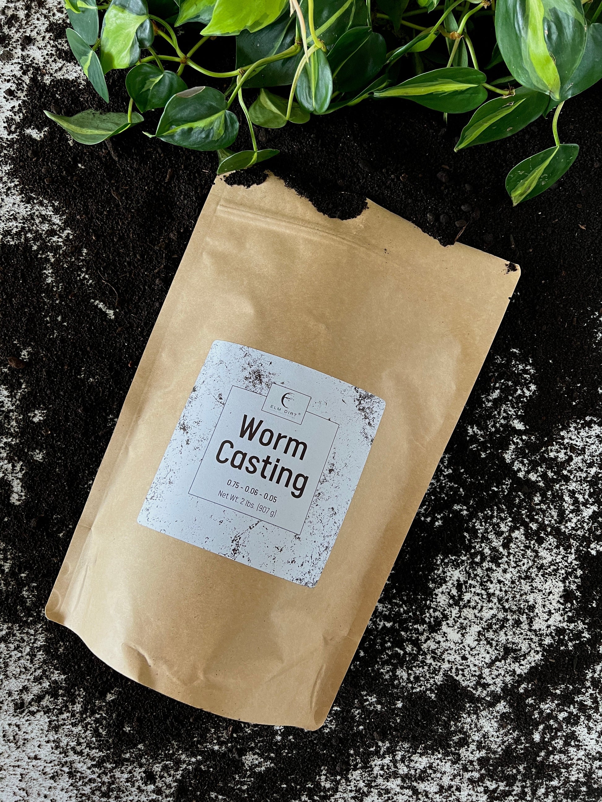 Two pounds of Elm Dirt worm castings in a clear bag, showing dark, rich organic soil perfect for gardening and plant growth.