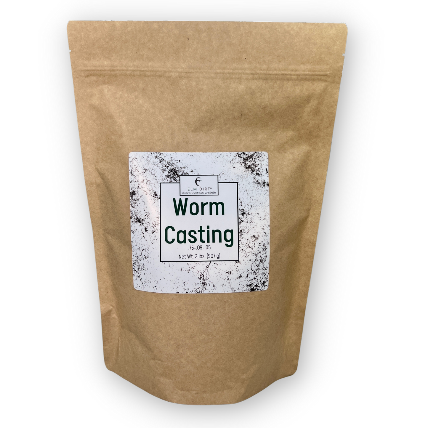 Two pounds of Elm Dirt worm castings, rich organic soil fertilizer with visible dark, crumbly worm castings in a natural setting.
