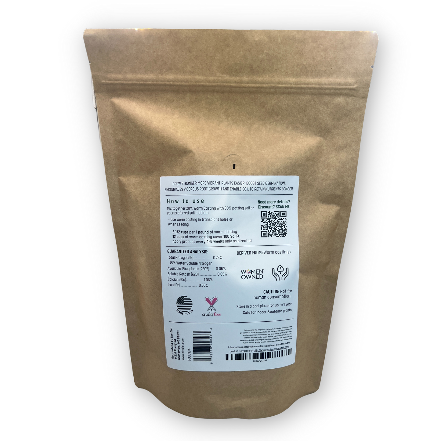 Elm Dirt Worm Castings, 2 lbs, rich organic fertilizer in a bag, showing dark, nutrient-rich worm castings for gardening.