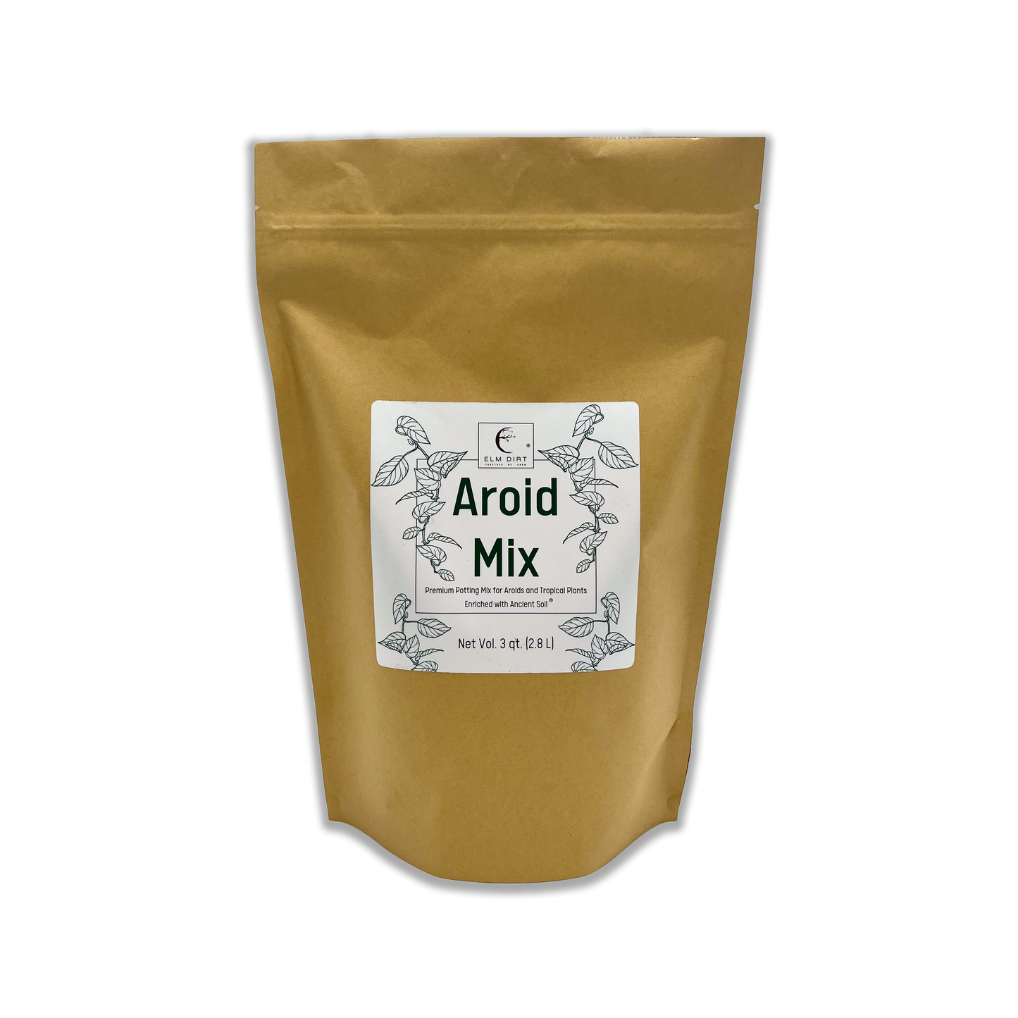 Aroid Mix soil by Elm Dirt in a 3-quart bag, showing dark, rich potting soil suitable for aroids and indoor plants.