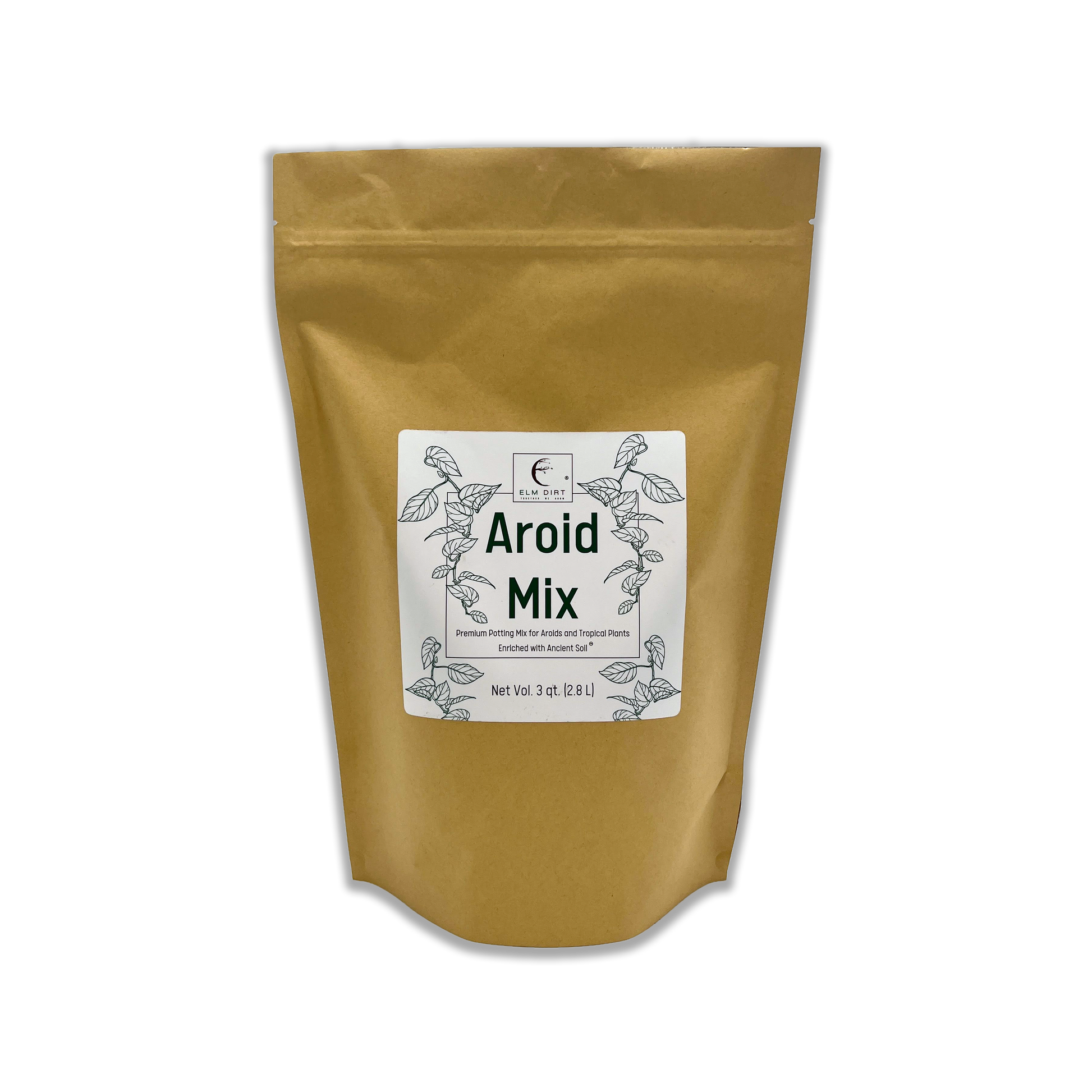 Aroid Mix soil by Elm Dirt in a 3-quart bag, showing dark, rich potting soil suitable for aroids and indoor plants.