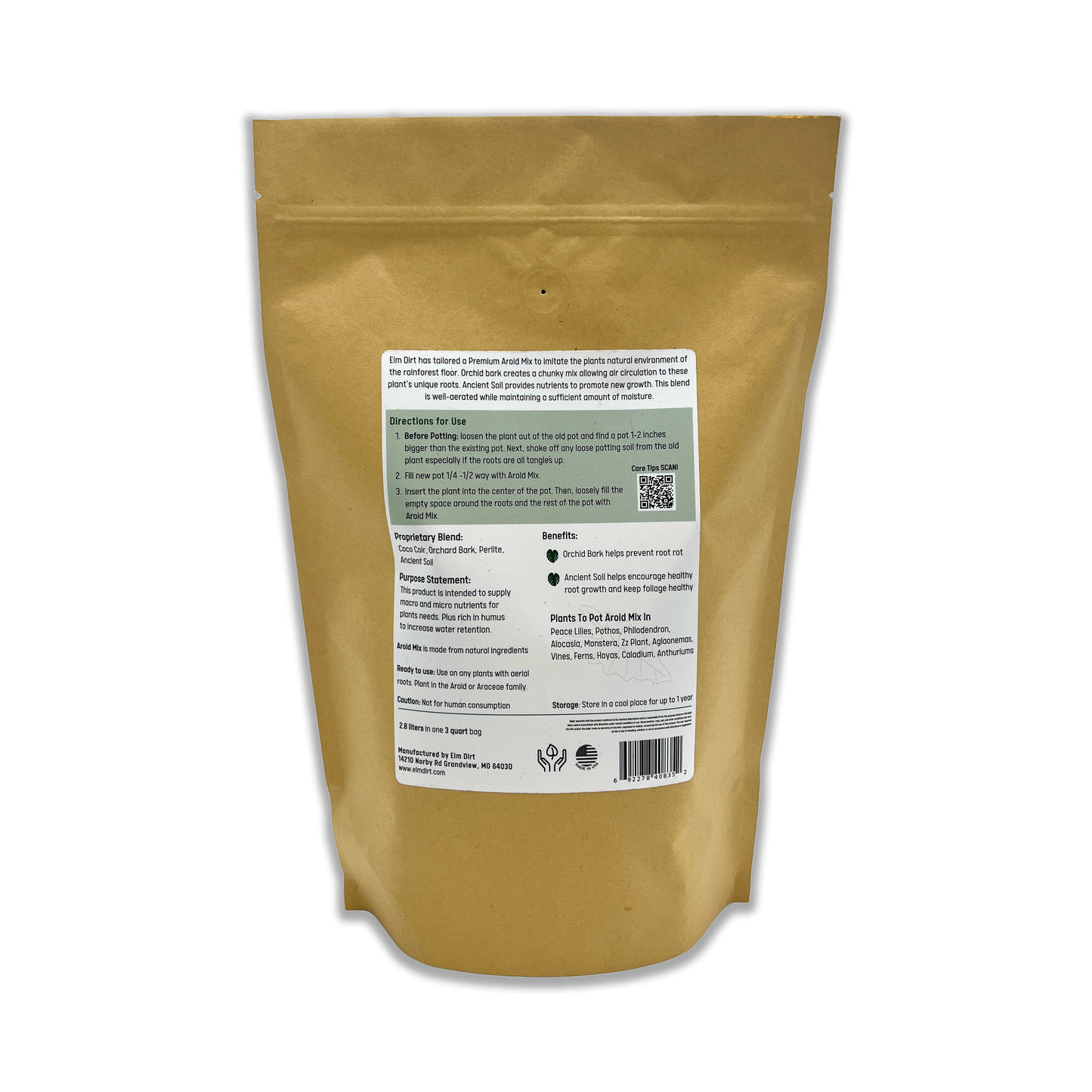 Elm Dirt Aroid Mix in a 3-quart bag, featuring a rich blend of soil and organic matter ideal for aroids and houseplants.