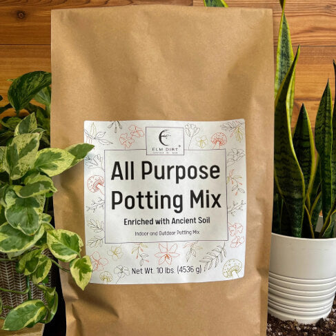 Bag of Elm Dirt all-purpose soil mix with rich, dark soil suitable for gardening and planting in containers or garden beds.