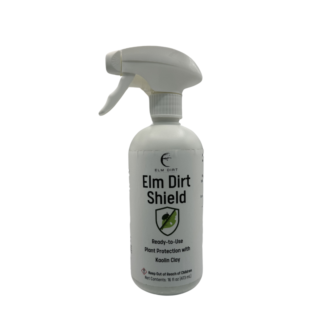 Elm Dirt's Shield all-natural pesticide container with label visible, designed to protect plants from pests naturally.