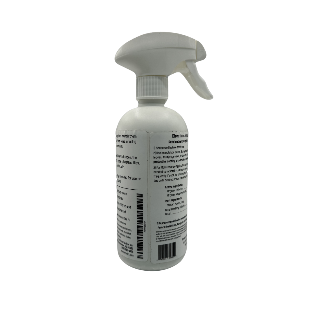 Elm Dirt's Shield all-natural pesticide bottle with label, designed to protect plants from pests naturally.