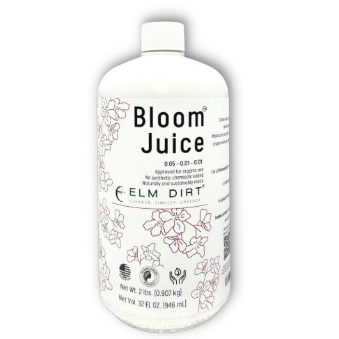 Elm Dirt Bloom Juice fertilizer bottle showing the 16 oz size, designed to promote spectacular flower growth.