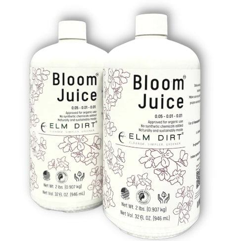 Elm Dirt Bloom Juice fertilizer bottle, 16 oz, showcasing vibrant flowers on the label, highlighting its award-winning formula for healthy blooms.