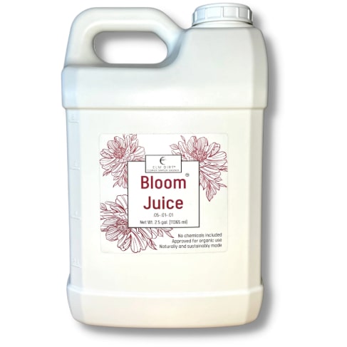 Elm Dirt Bloom Juice fertilizer for vibrant, healthy flowers, showing a 16 oz bottle with colorful blossoms in the background.