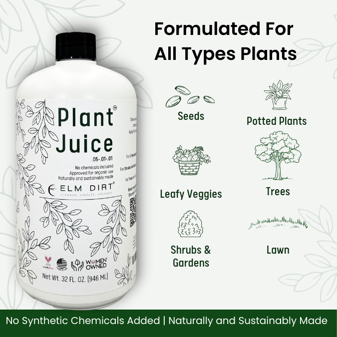 Elm Dirt Plant Juice fertilizer in a 16 oz bottle, showing the label and product container for healthy plant growth.