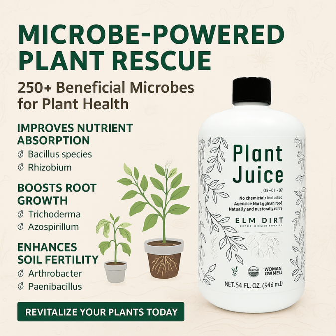Elm Dirt Plant Juice fertilizer in a 16 oz bottle, showing the label and product container for healthy plant growth.