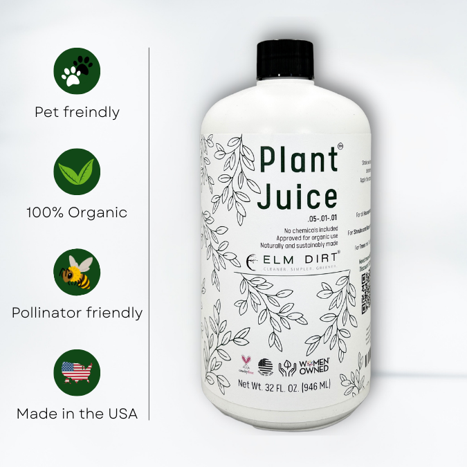 Elm Dirt Plant Juice fertilizer bottle, 16 oz, with green plant illustrations on the label, designed for nourishing indoor and outdoor plants.