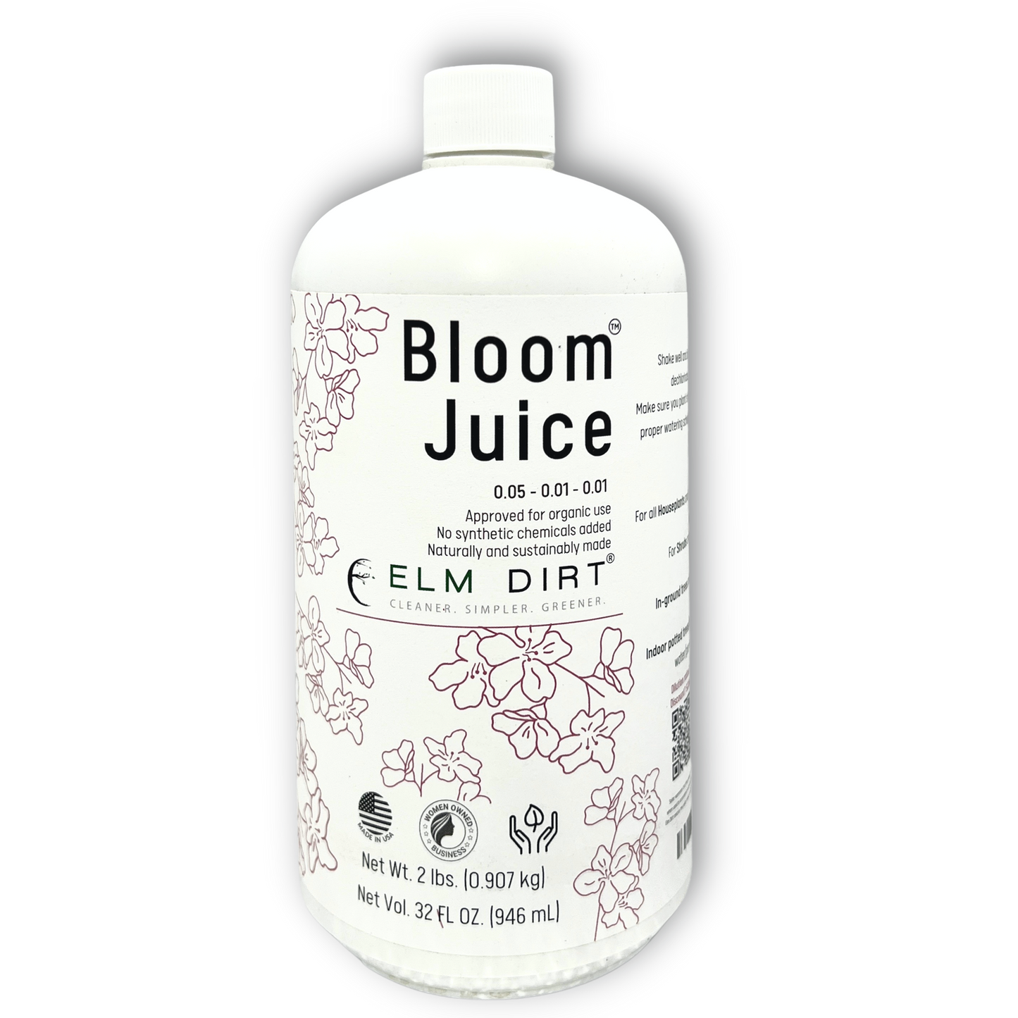 Elm Dirt Bloom Juice fertilizer bottle, 32 oz, three-pack, natural plant fertilizer for healthy blooming flowers and vibrant plants.