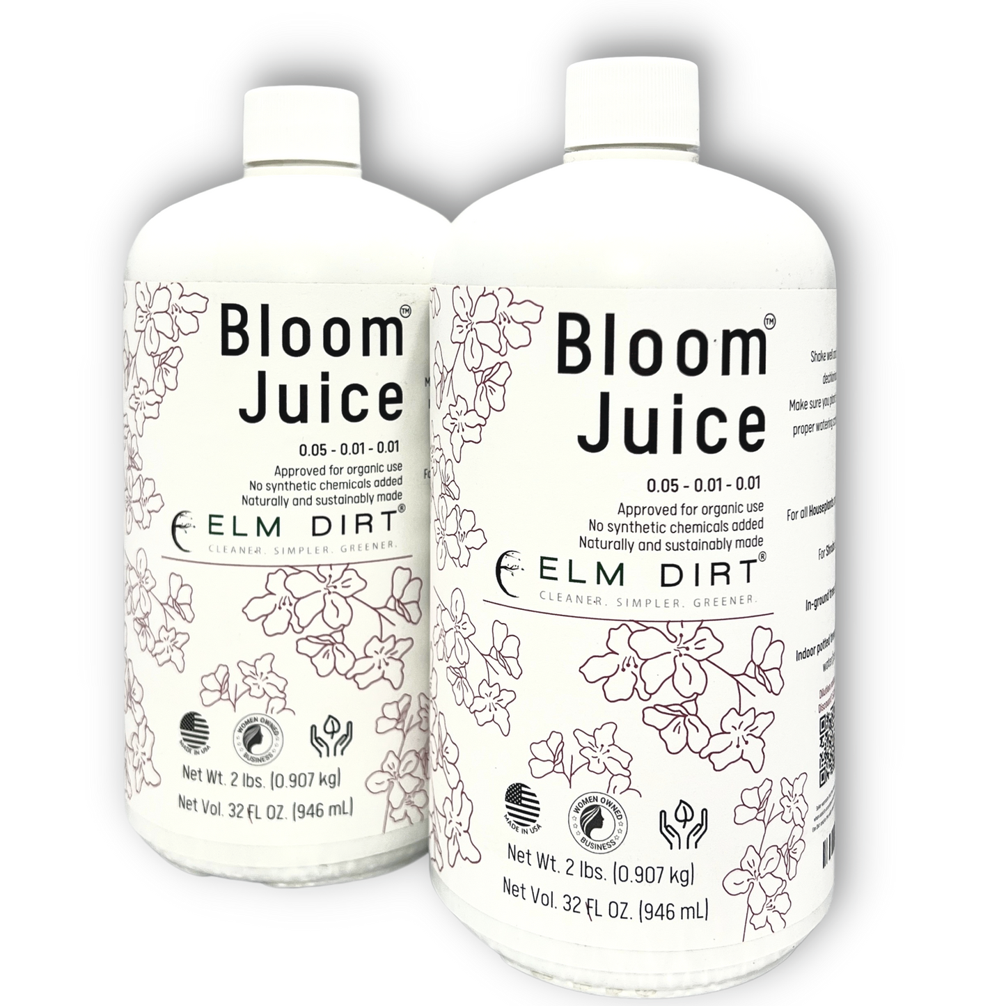Elm Dirt Bloom Juice fertilizer bottle, 32 oz, showing the green liquid fertilizer for healthy plant growth.