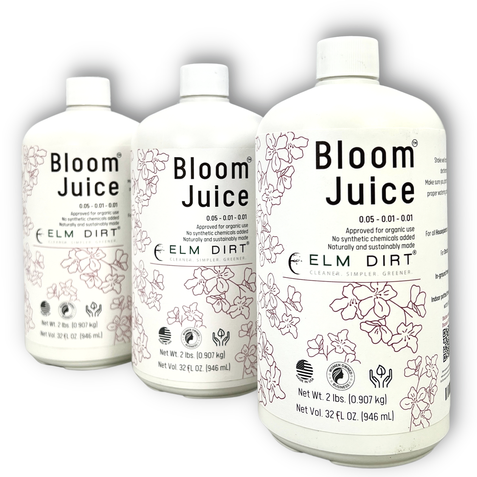 Elm Dirt Bloom Juice fertilizer bottle, 32 oz, with three bottles shown, used for boosting plant growth and flowering.