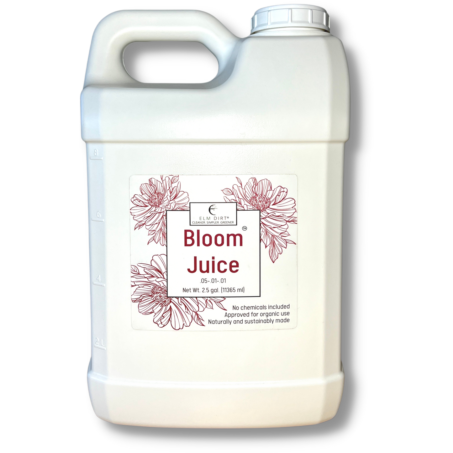 Elm Dirt Bloom Juice fertilizer bottles, 32 oz, three-pack showing the colorful labels and packaging for plant nutrient enhancement.