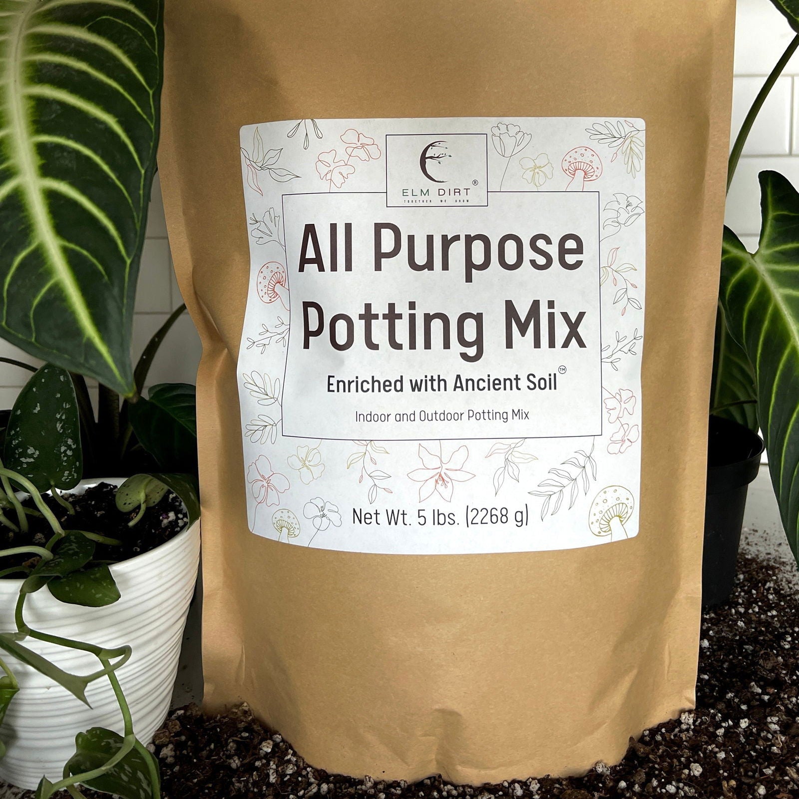 All-purpose soil mix by Elm Dirt in a 5-lb bag, ideal for gardening and growing plants with rich, nutritious growing media.