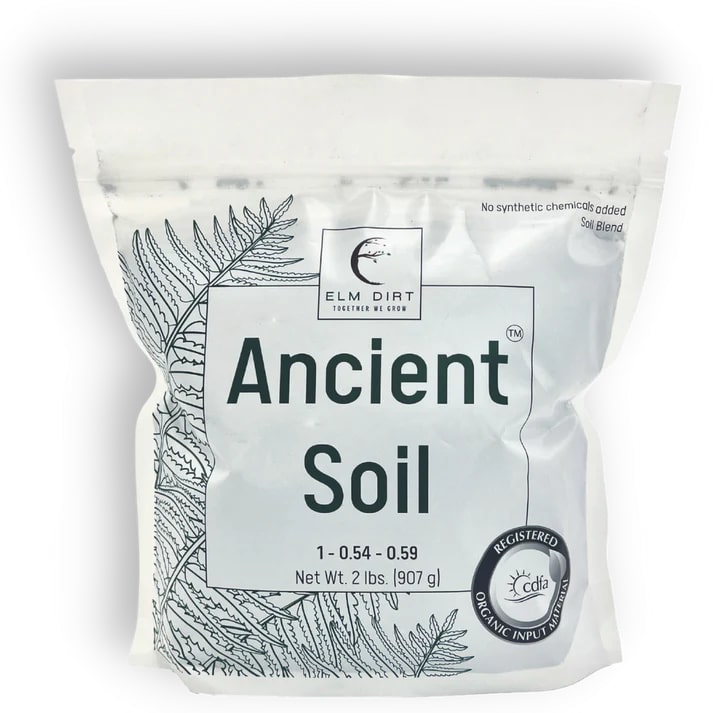 Elm Dirt Ancient Soil: Organic living soil for thriving plants, shown in a 2-lb bag with rich, dark earthy texture.