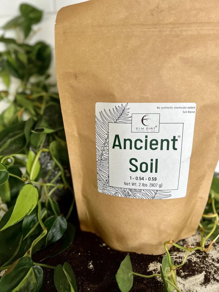 Elm Dirt Ancient Soil organic living soil for thriving plants, shown in 2-lb bag with rich, dark earthy texture.