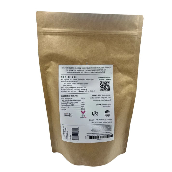 Elm Dirt Ancient Soil organic living soil for thriving plants, shown in a 2-lb bag, rich and dark with organic ingredients.