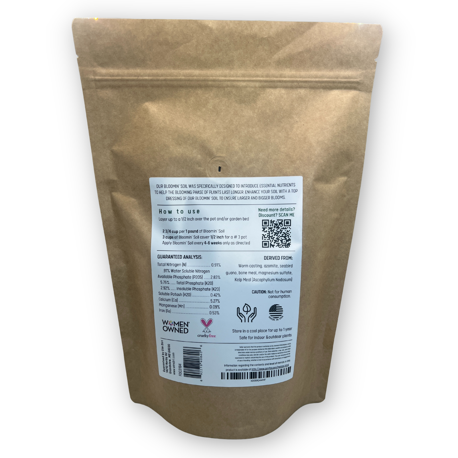 Elm Dirt Bloomin' Soil in a 2-pound bag, showing rich, dark soil suitable for gardening and plant growth.