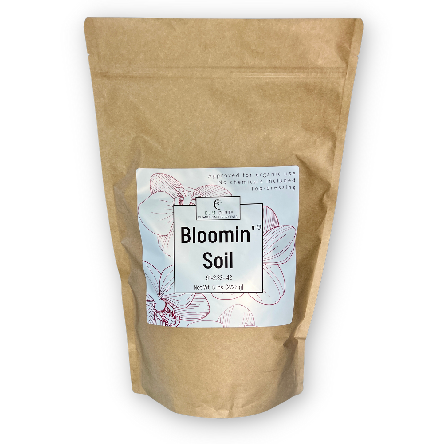 Elm Dirt Bloomin' Soil in a 2-pound bag, rich organic soil by Elm Dirt for healthy plant growth and vibrant blooms.