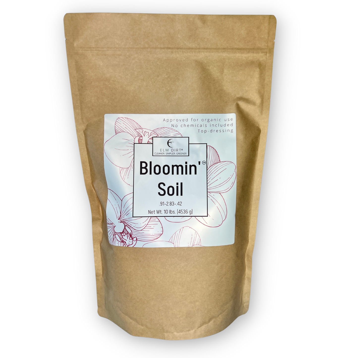 Elm Dirt Bloomin' Soil in a 2-lb bag, showing rich, organic soil ideal for gardening and plant growth.