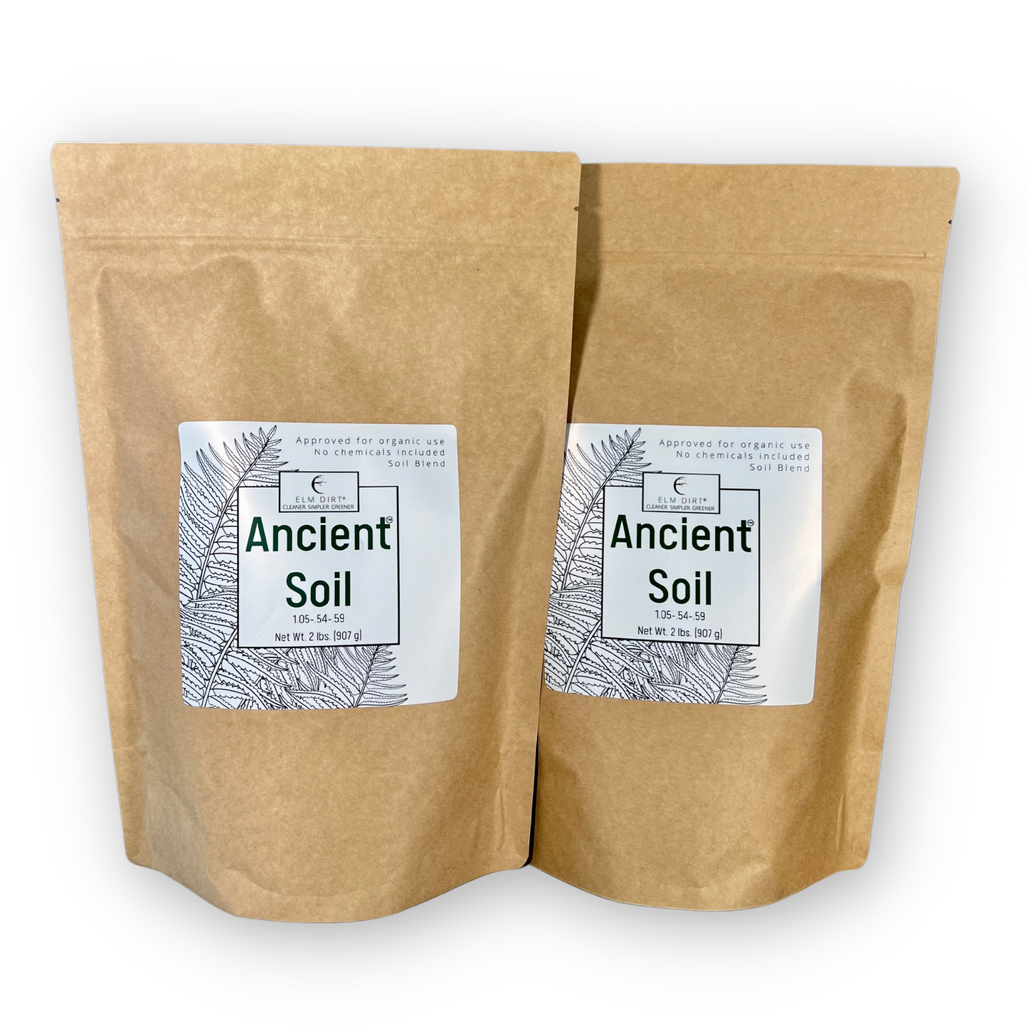 Two pounds of Elm Dirt Ancient Soil vegetable seeds, showcasing seed packets with detailed labeling and natural packaging.