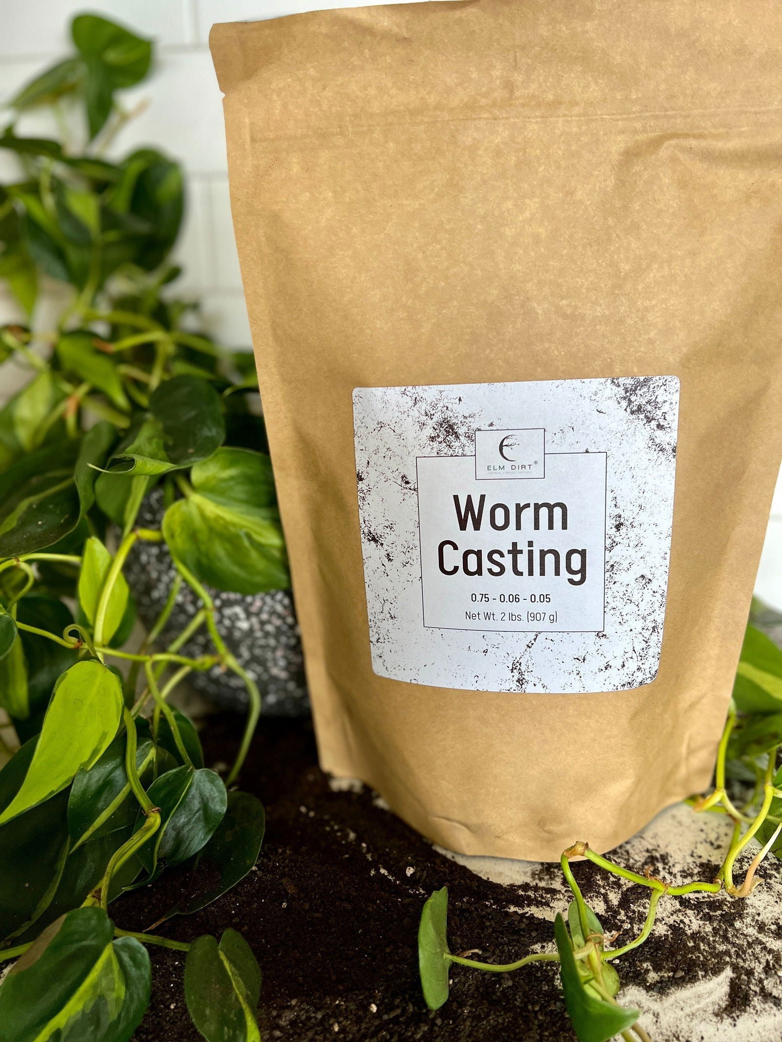 Two pounds of Elm Dirt worm castings, organic soil amendment with rich, dark worm compost for healthy plant growth.
