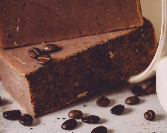 Organic handmade coffee soap from Sweet Harvest Farms, featuring a rich espresso scent and exfoliating texture to help minimize cellulite.
