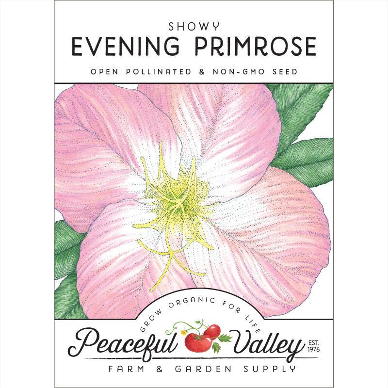 Showy Evening Primrose flower seed pack by Grow Organic, featuring vibrant yellow blossoms and green foliage.