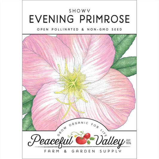 Showy Evening Primrose flower seed pack by Grow Organic, featuring vibrant yellow blossoms and green foliage.