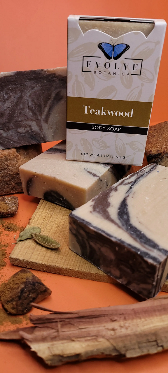 Evolve Botanica Standard Soap with teakwood scent, featuring branded packaging and natural soap bar design.