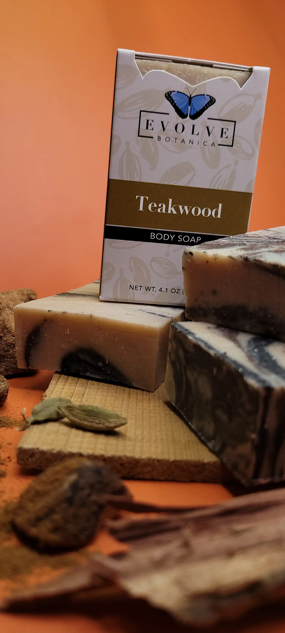 Evolve Botanica Teakwood Standard Soap in branded packaging, showcasing the soap bar with natural wood-inspired scent.