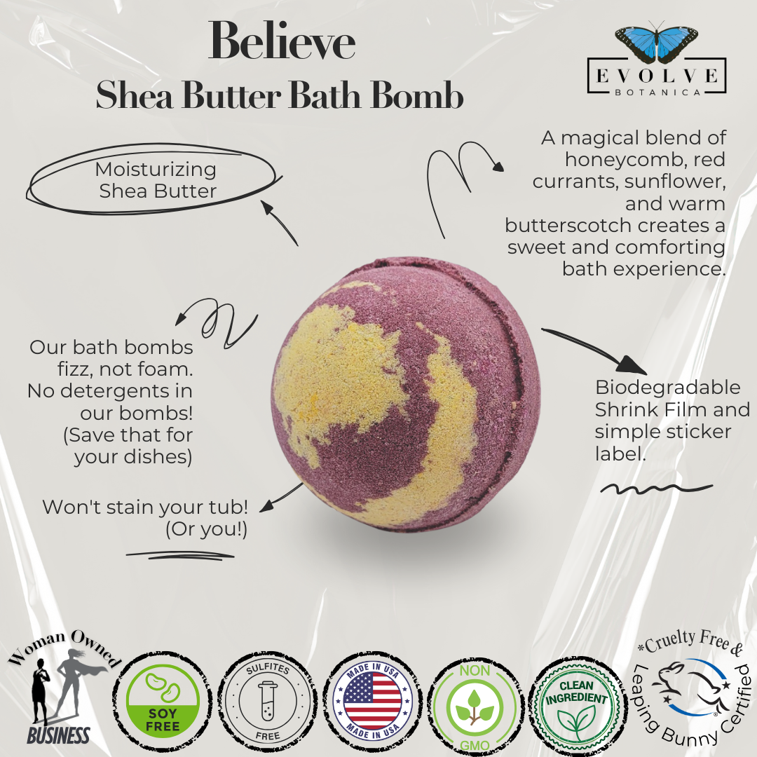 Evolve Botanica Believe bath bomb with colorful swirls and floral accents, designed for a relaxing bath experience.