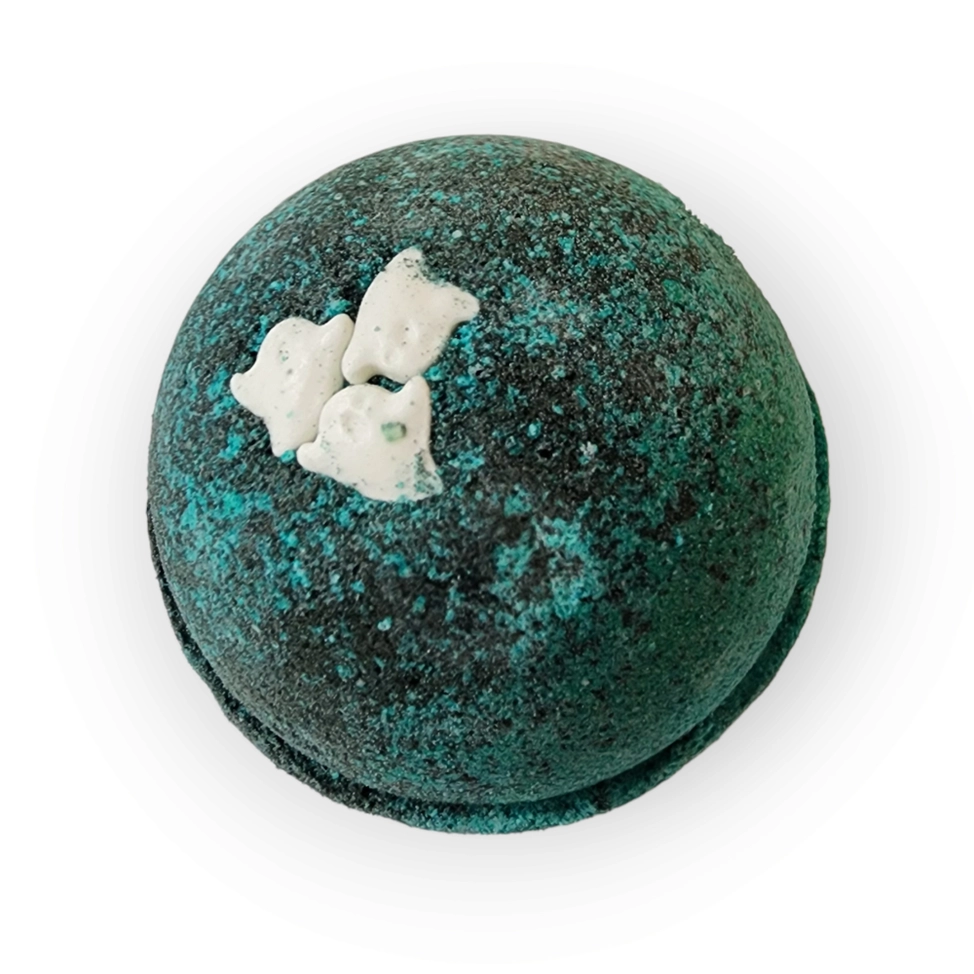 Evolve Botanica Haunted Halloween bath bomb with ghostly design and festive orange and black colors for seasonal relaxation.