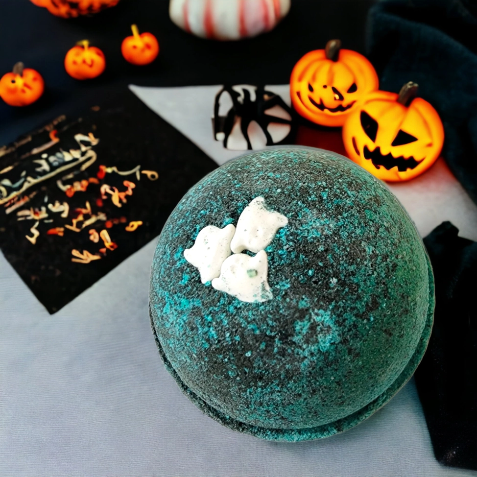 Evolve Botanica Haunted Halloween bath bomb with orange and black swirls in a clear container, ready for a relaxing bath.