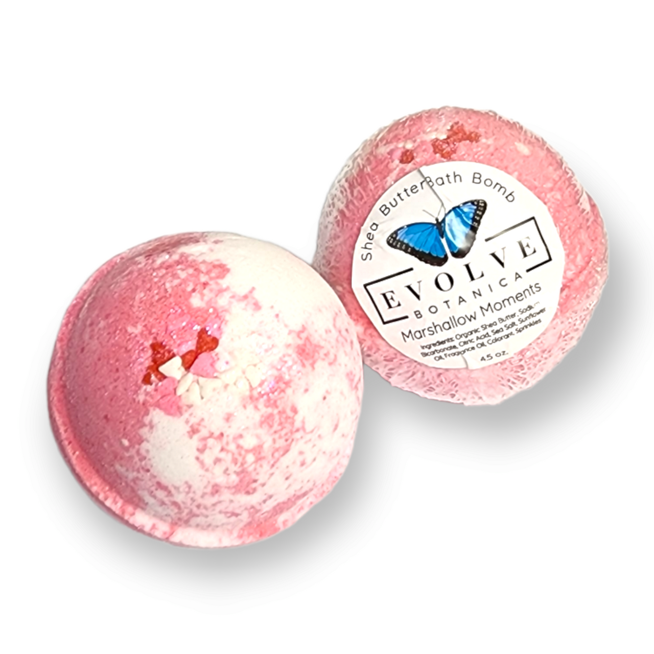 Evolve Botanica Marshmallow Moments bath bomb with pink and white swirls, designed for Valentine's Day and holiday relaxation.