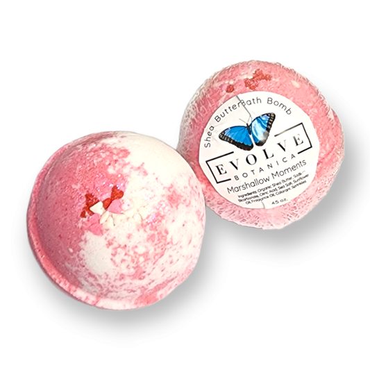 Evolve Botanica Marshmallow Moments bath bomb with pink and white swirls, designed for Valentine's Day and holiday relaxation.