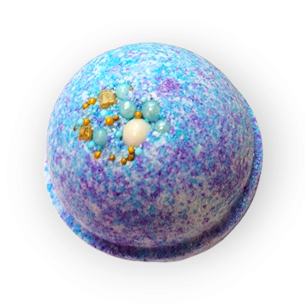 Evolve Botanica Sea Glass bath bomb with blue-green hues, round shape, and textured surface for relaxing bath experience.
