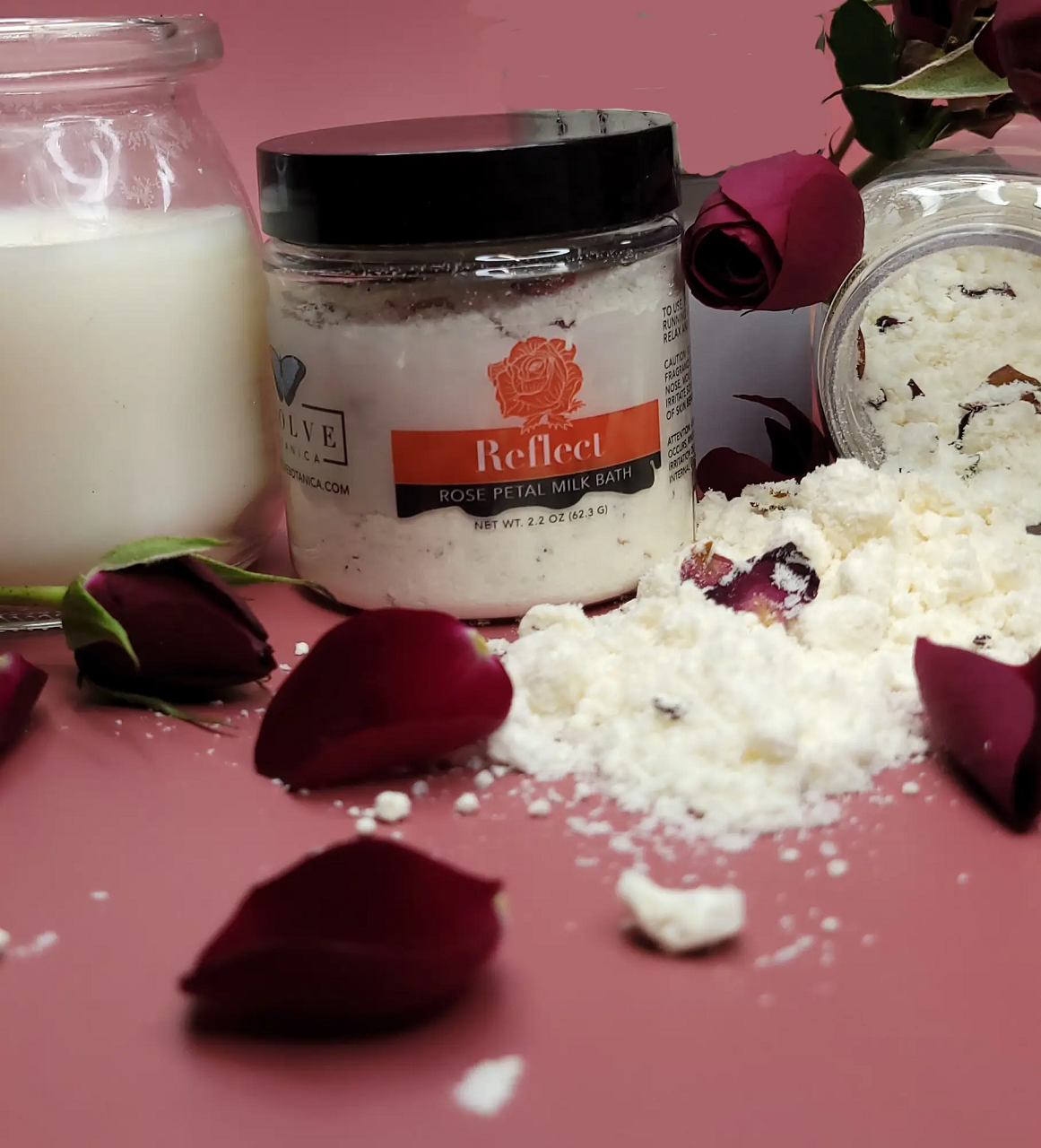 Mini Evolve Botanica Milk Bath Reflect in Rose scent with natural ingredients and calming presentation.