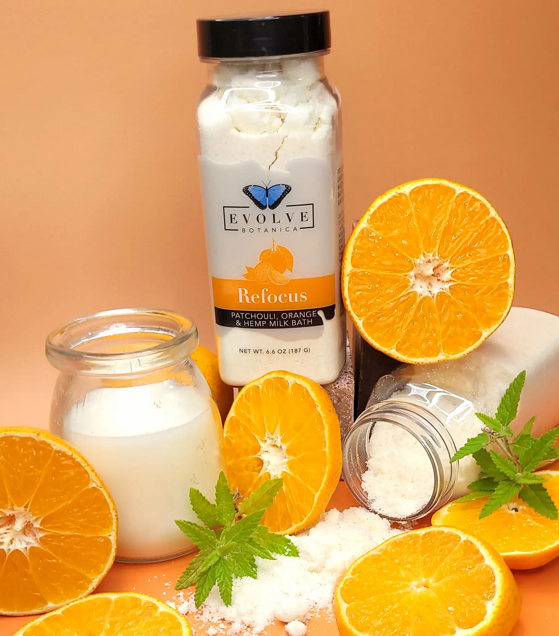 Evolve Botanica Milk Bath Refocus with patchouli, orange, and hempseed oil in a relaxing, natural bath product.
