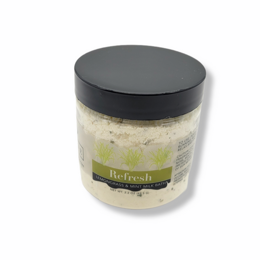Mini Evolve Botanica Milk Bath Refresh with lemongrass and mint, featuring a calming, soothing blend in a natural bath product.