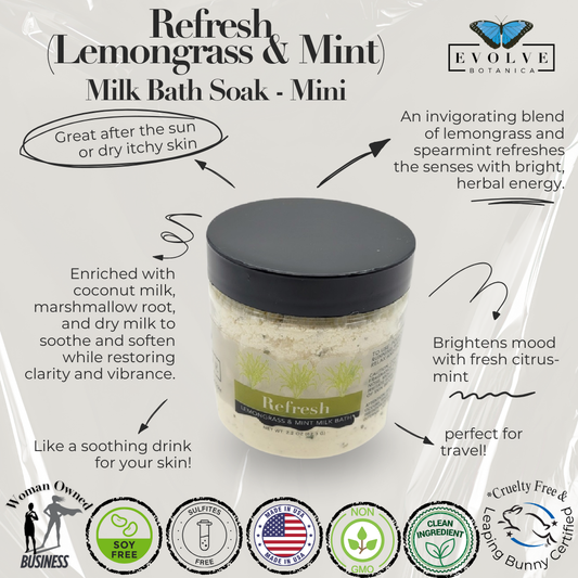 Mini Evolve Botanica Milk Bath Refresh with lemongrass and mint, featuring natural ingredients in a soothing bath product.