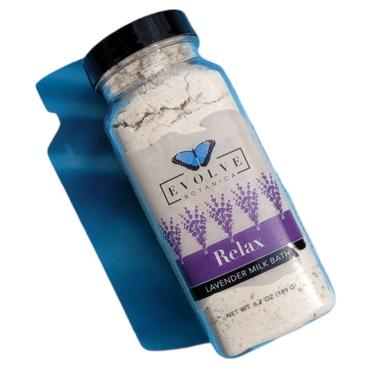 Evolve Botanica Relax Lavender Milk Bath with soothing lavender flowers and creamy milk for a calming bath experience.