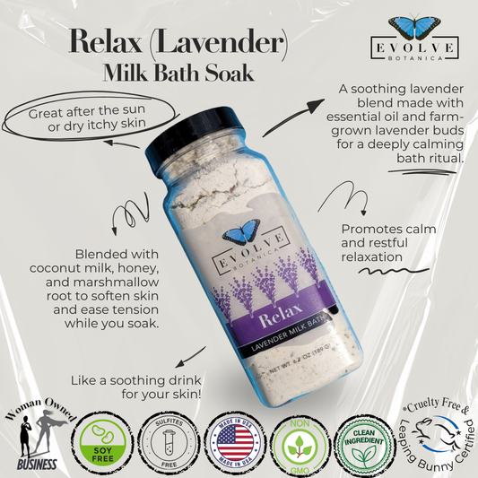 Lavender milk bath by Evolve Botanica with a soothing, creamy appearance and calming lavender flowers on the packaging.
