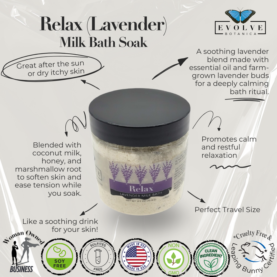 Mini lavender milk bath by Evolve Botanica featuring soothing lavender flowers and creamy milk bath ingredients.