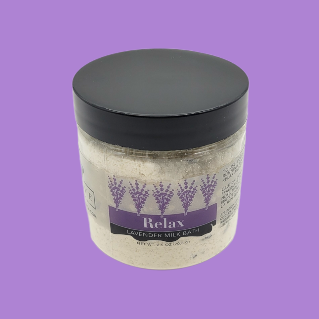Mini Lavender Milk Bath from Evolve Botanica, featuring a calming lavender scent in a soothing bath product.