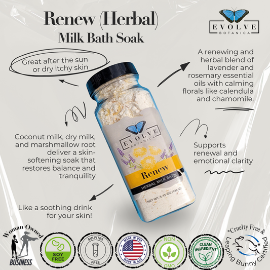 Herbal Milk Bath by Evolve Botanica with natural ingredients, in a soothing, creamy form for relaxing skincare.