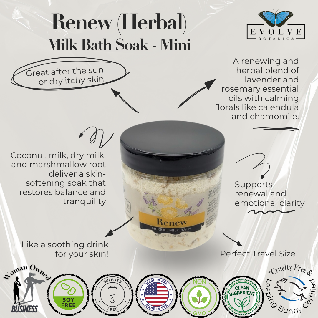 Evolve Botanica Milk Bath Renew Herbal Mini in a clear jar, showcasing a soothing herbal bath product with dried botanicals.