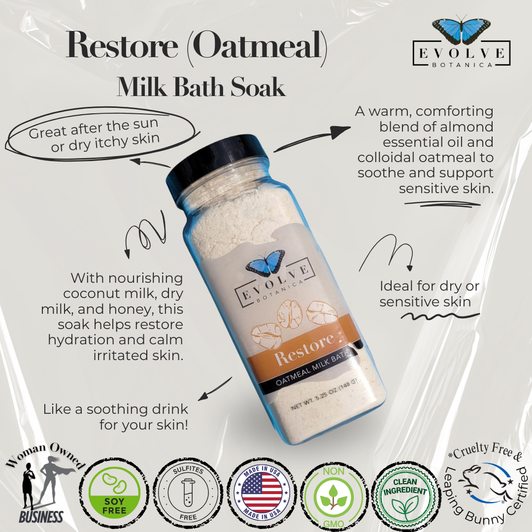 Evolve Botanica Milk Bath Restore with oatmeal in a glass jar, showing the product label and creamy bath soak inside.